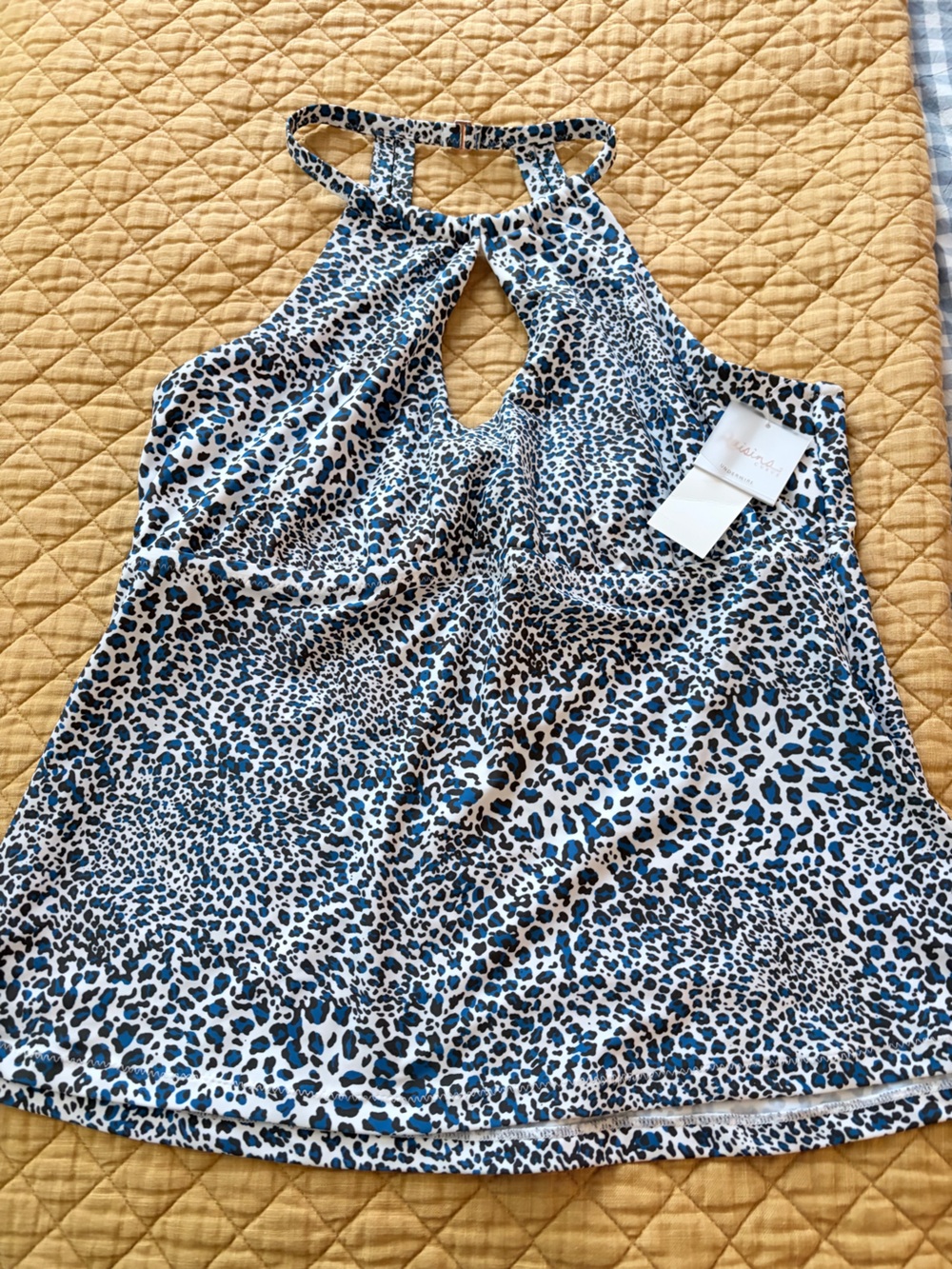 Raisins Curve Blue and Black Leopard Halter Tankini Swim Top